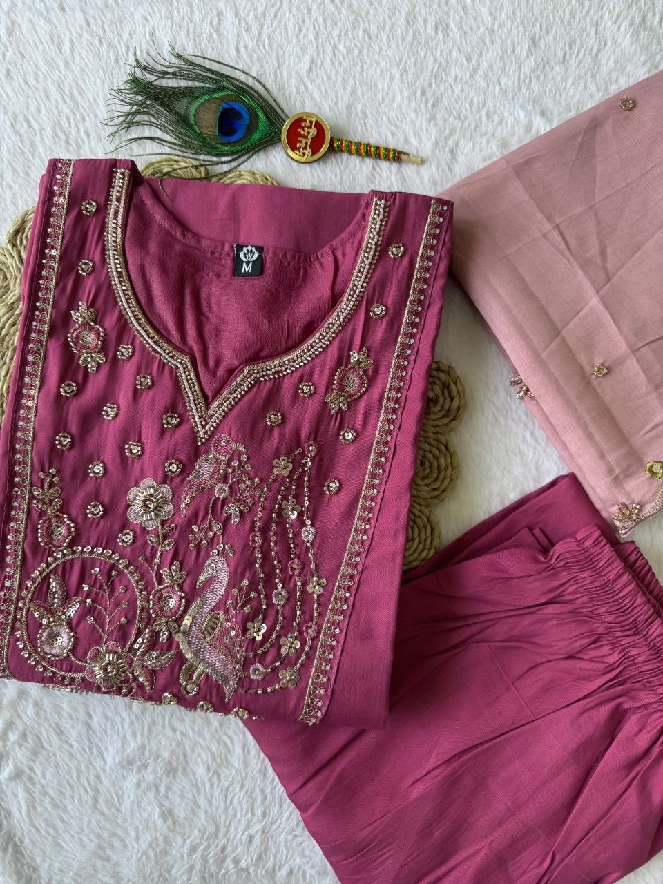 Rouge Roman Silk Kurti Pant Dupatta Set with Beads Work