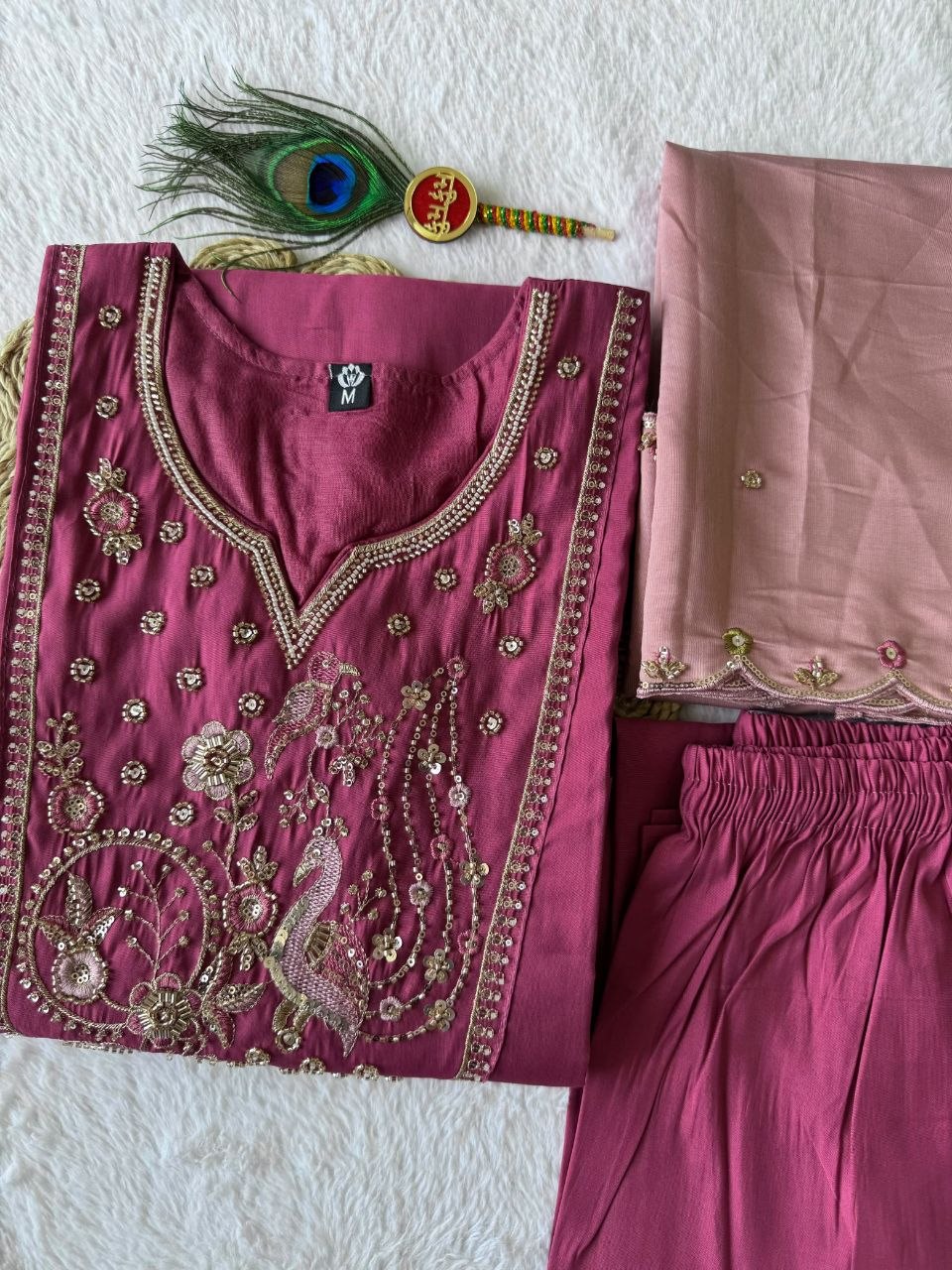 Rouge Roman Silk Kurti Pant Dupatta Set with Beads Work