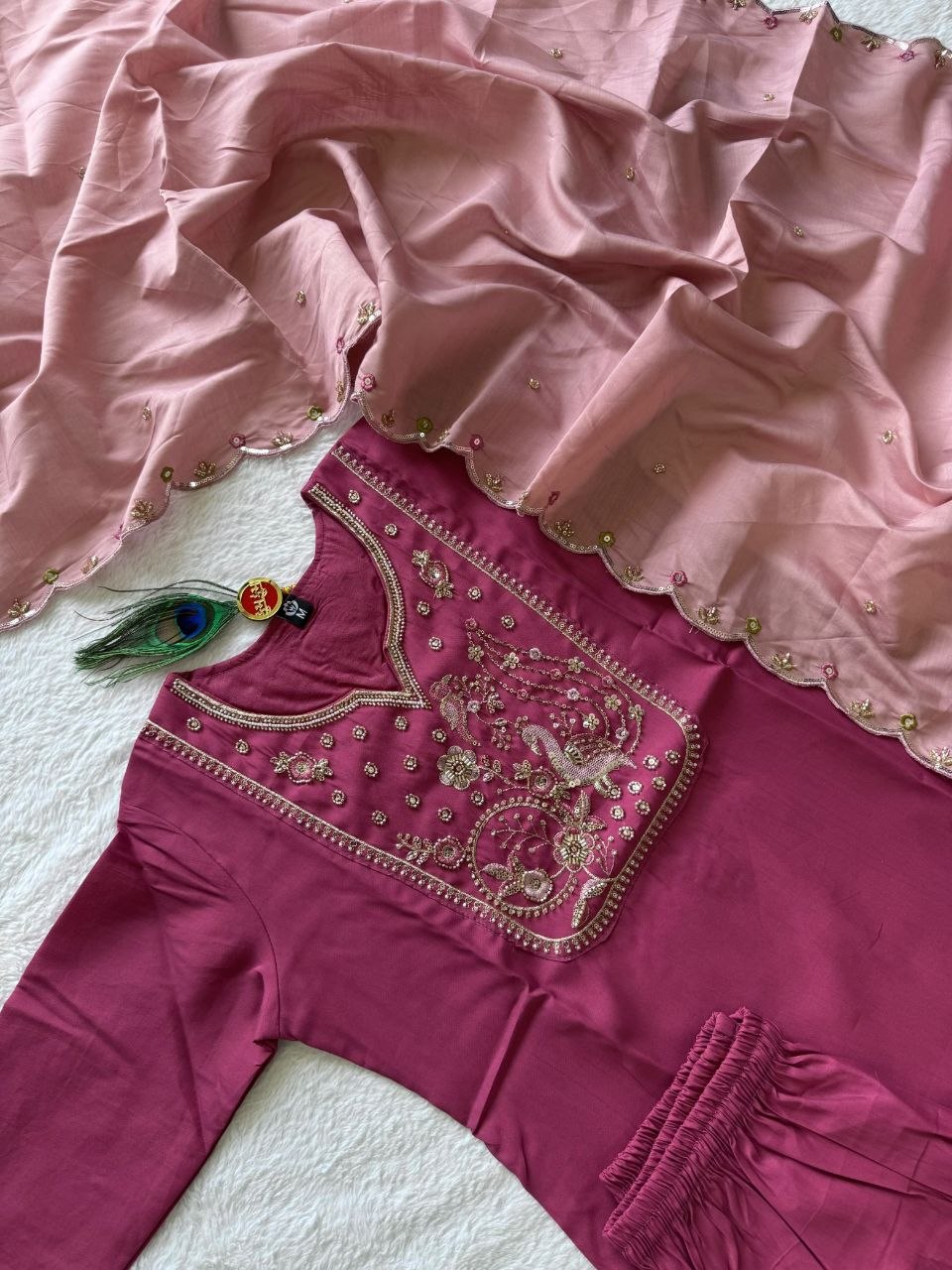 Rouge Roman Silk Kurti Pant Dupatta Set with Beads Work