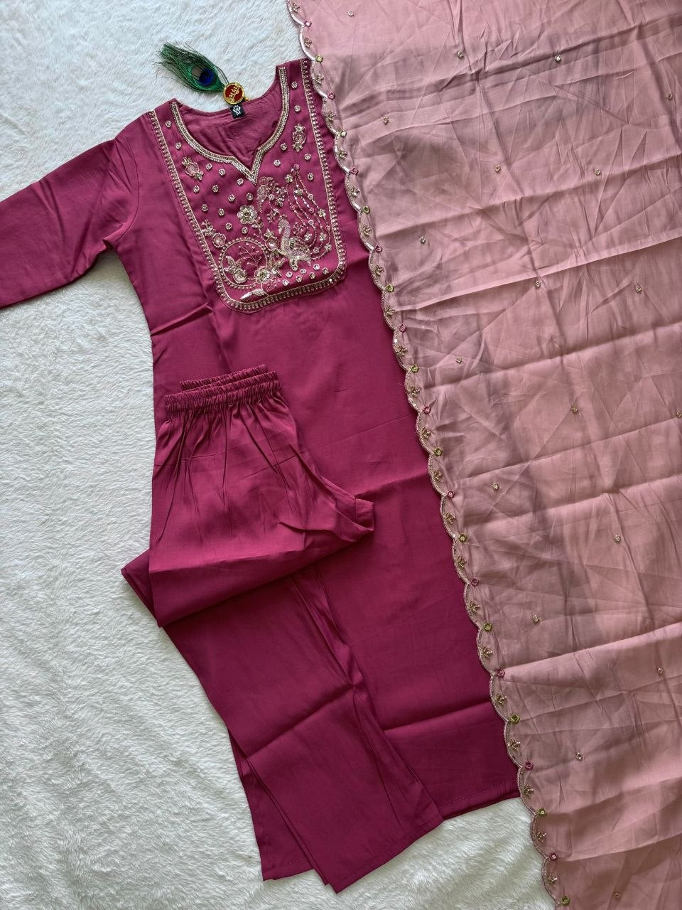 Rouge Roman Silk Kurti Pant Dupatta Set with Beads Work