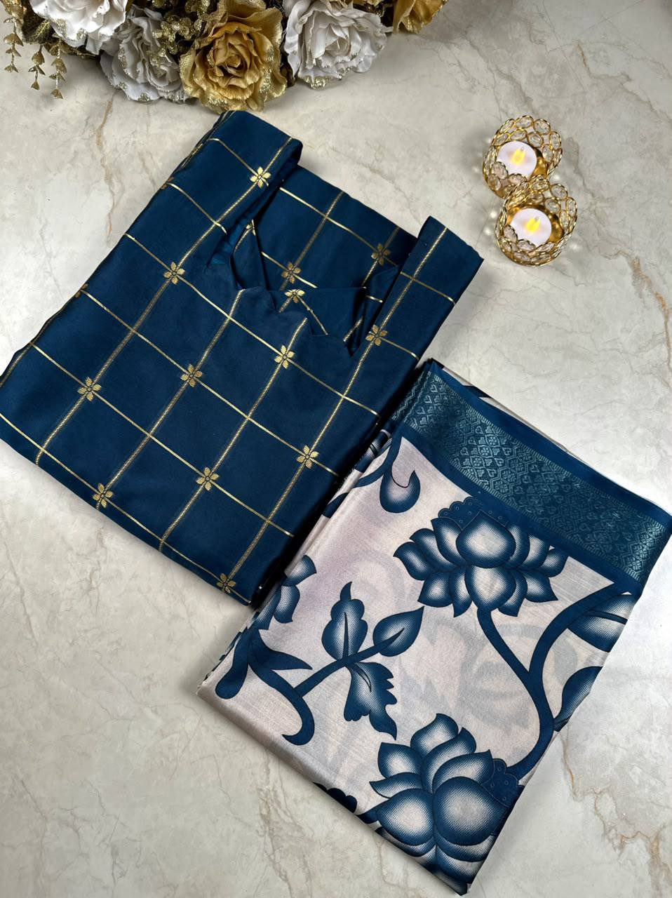 Silk Cotton Check Weaving Kurti with Scallop Neck & Chennuri Kalamkari Dupatta