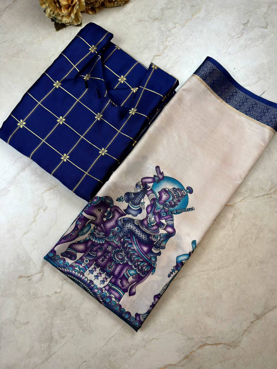 Silk Cotton Check Weaving Kurti with Scallop Neck & Chennuri Kalamkari Dupatta