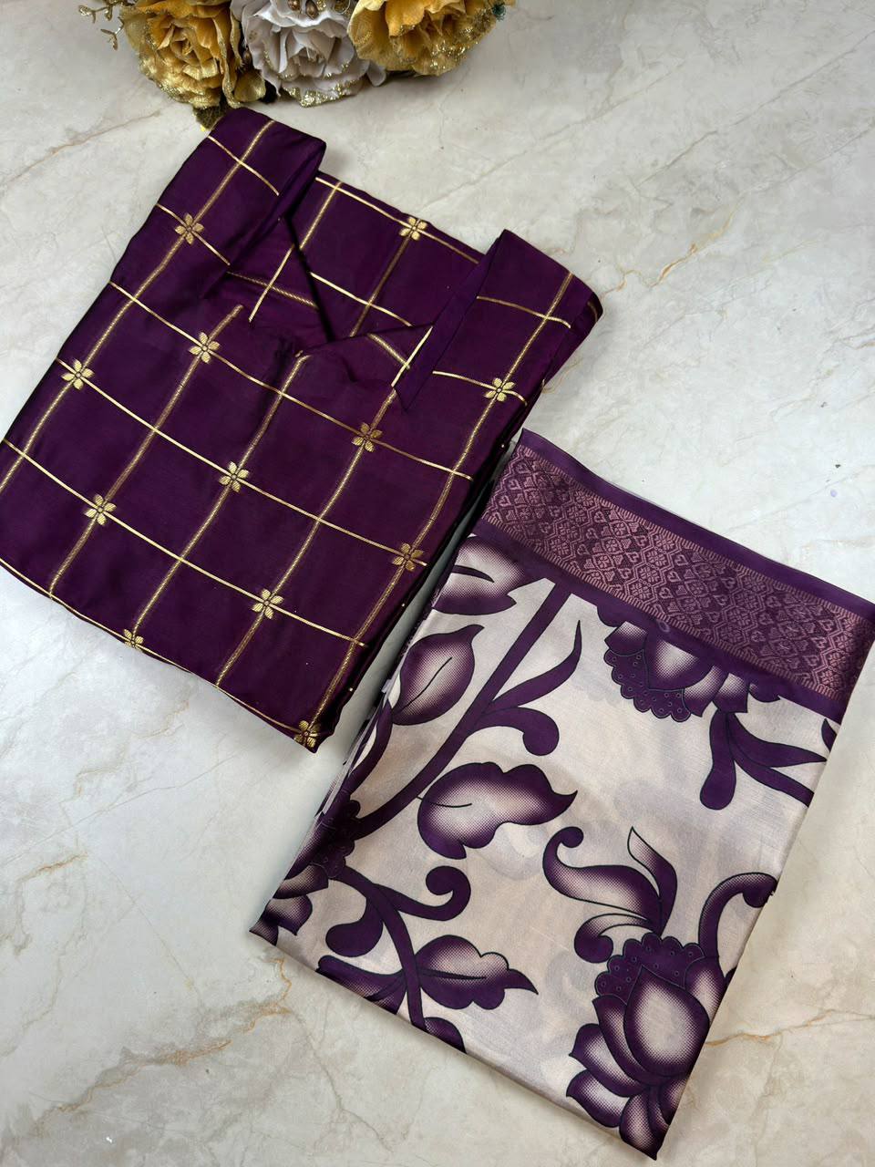 Silk Cotton Check Weaving Kurti with Scallop Neck & Chennuri Kalamkari Dupatta