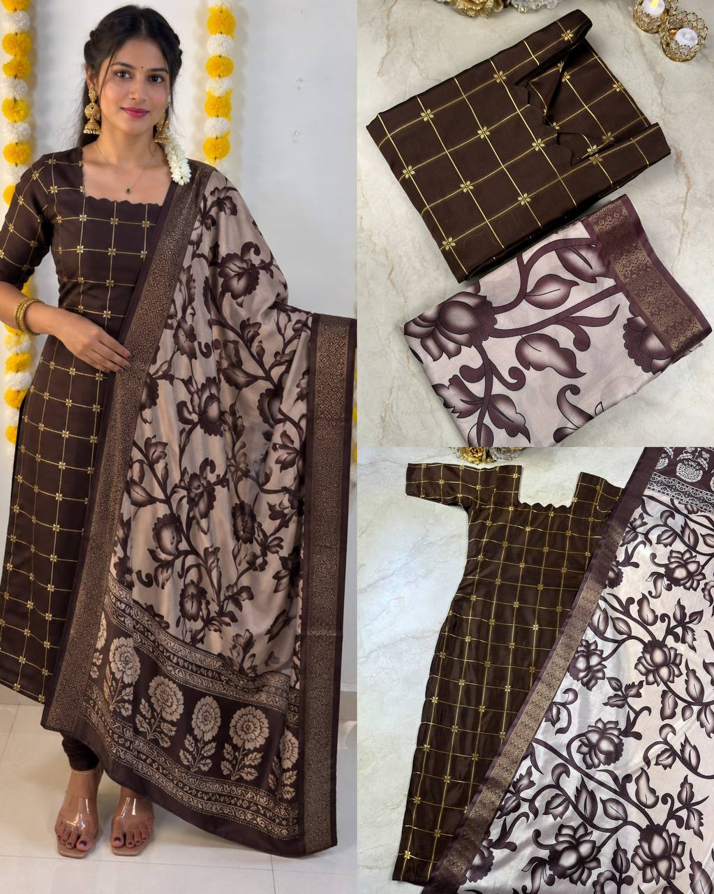 Silk Cotton Check Weaving Kurti with Scallop Neck & Chennuri Kalamkari Dupatta