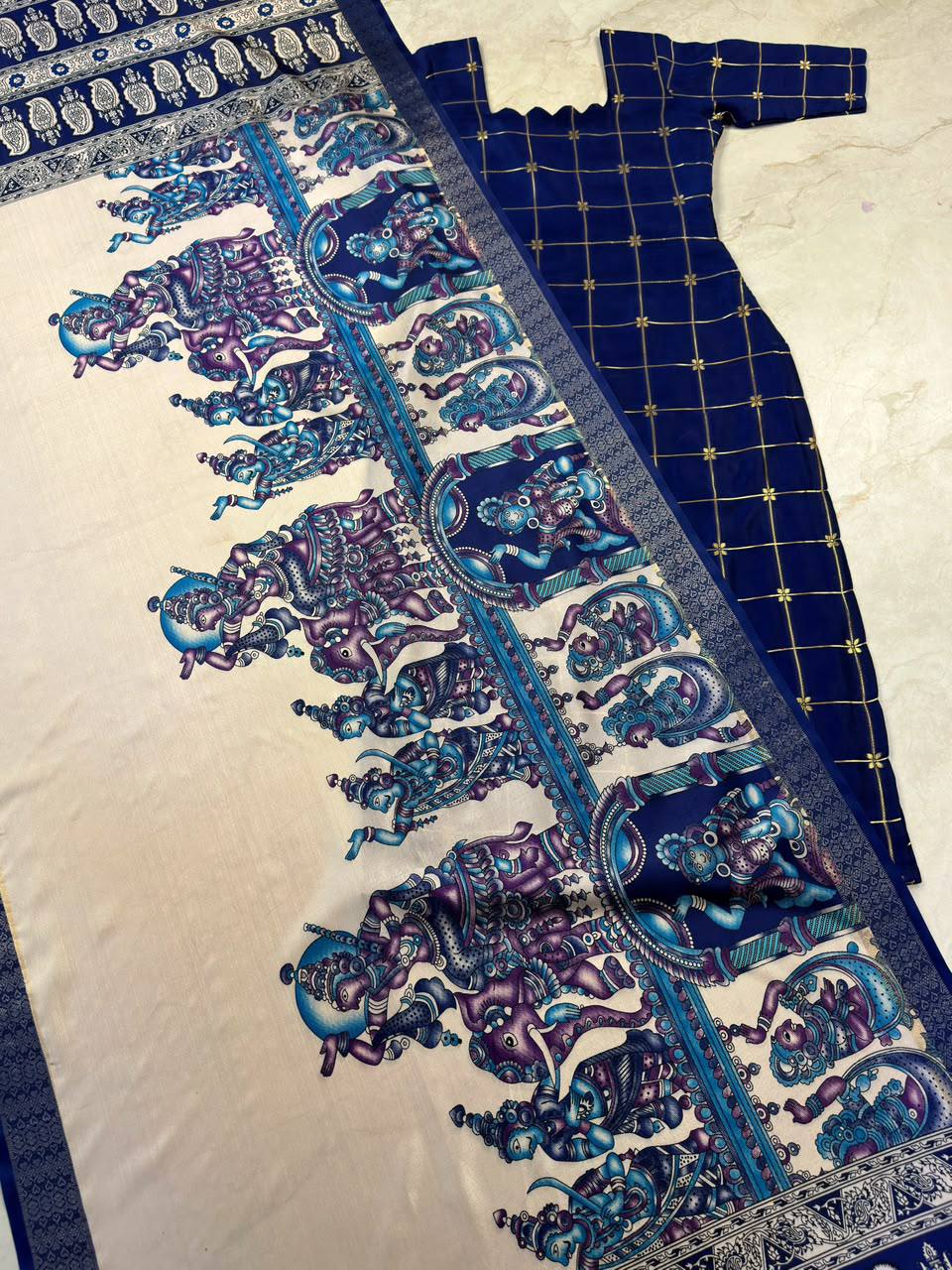 Silk Cotton Check Weaving Kurti with Scallop Neck & Chennuri Kalamkari Dupatta