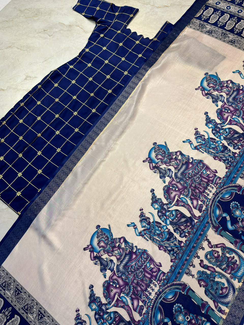 Silk Cotton Check Weaving Kurti with Scallop Neck & Chennuri Kalamkari Dupatta