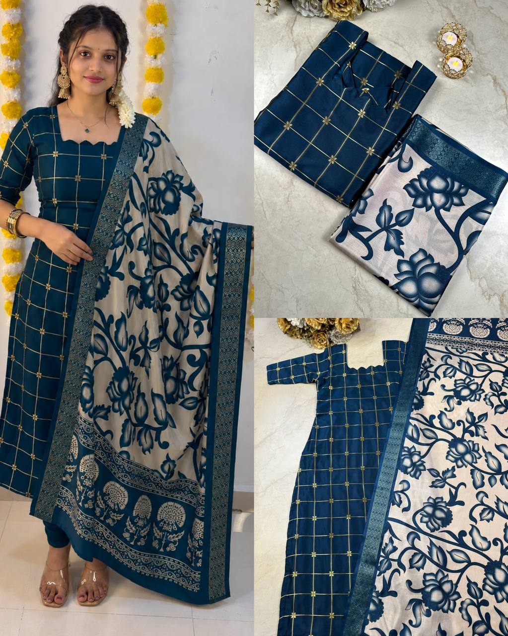 Silk Cotton Check Weaving Kurti with Scallop Neck & Chennuri Kalamkari Dupatta