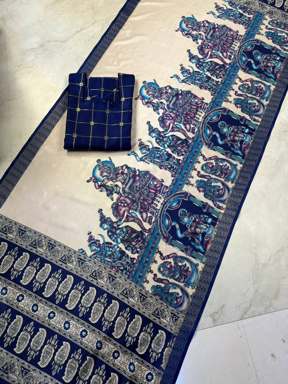 Silk Cotton Check Weaving Kurti with Scallop Neck & Chennuri Kalamkari Dupatta