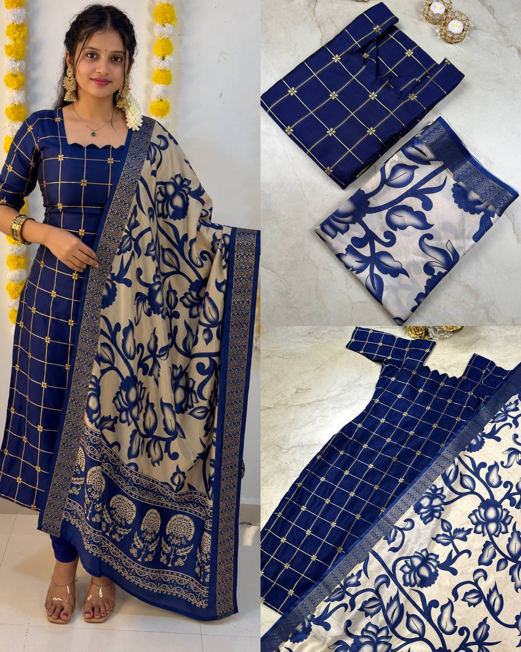 Silk Cotton Check Weaving Kurti with Scallop Neck & Chennuri Kalamkari Dupatta