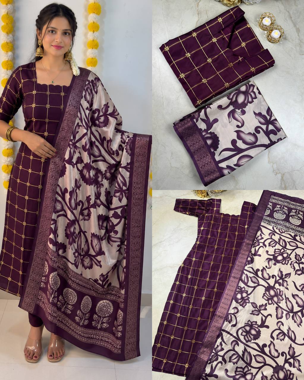Silk Cotton Check Weaving Kurti with Scallop Neck & Chennuri Kalamkari Dupatta