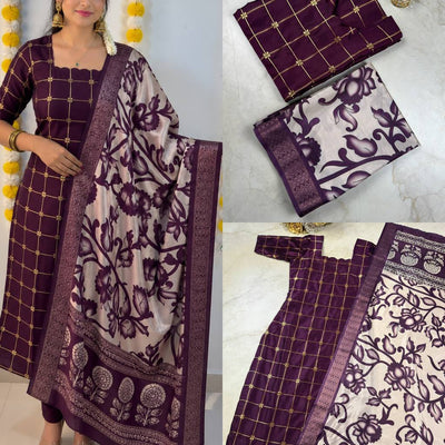 Silk Cotton Check Weaving Kurti with Scallop Neck & Chennuri Kalamkari Dupatta