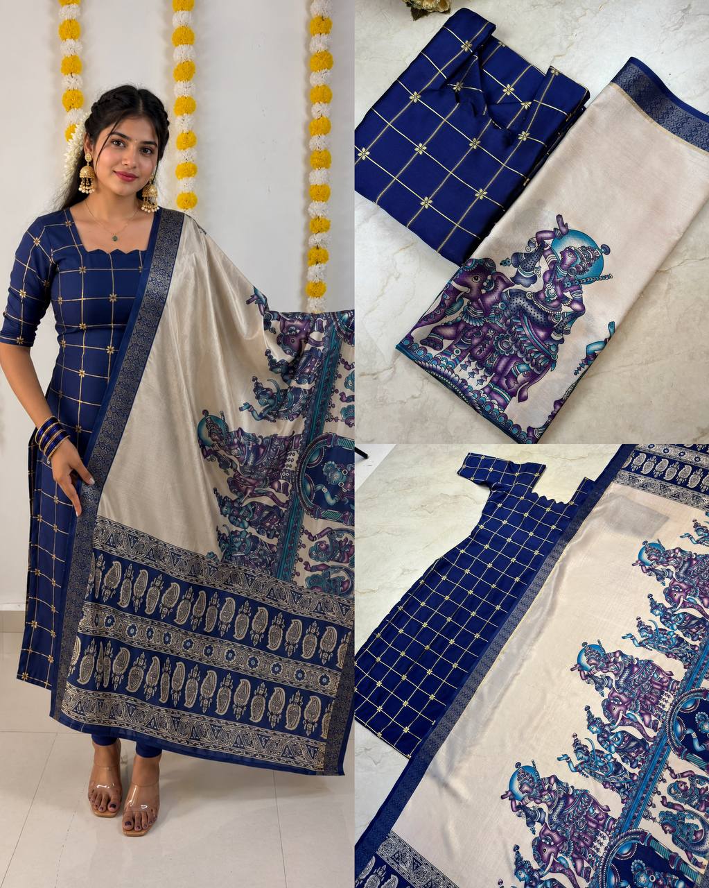 Silk Cotton Check Weaving Kurti with Scallop Neck & Chennuri Kalamkari Dupatta