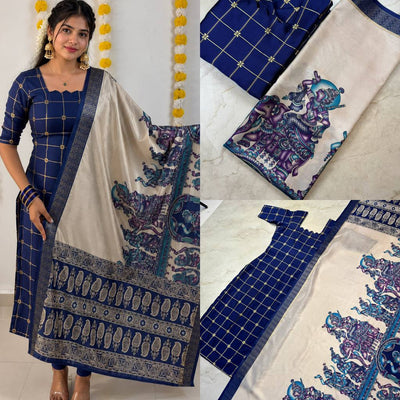 Silk Cotton Check Weaving Kurti with Scallop Neck & Chennuri Kalamkari Dupatta