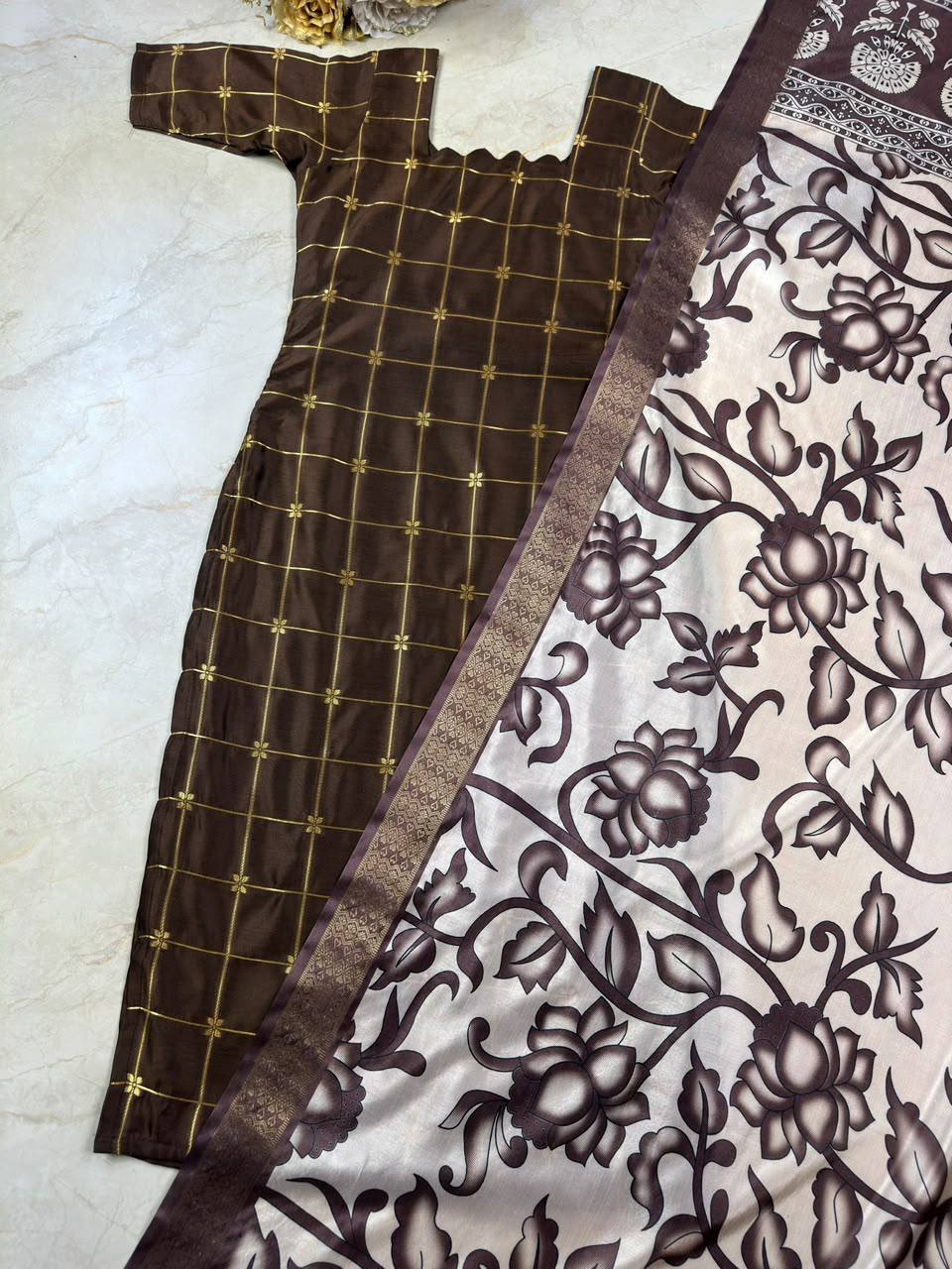 Silk Cotton Check Weaving Kurti with Scallop Neck & Chennuri Kalamkari Dupatta