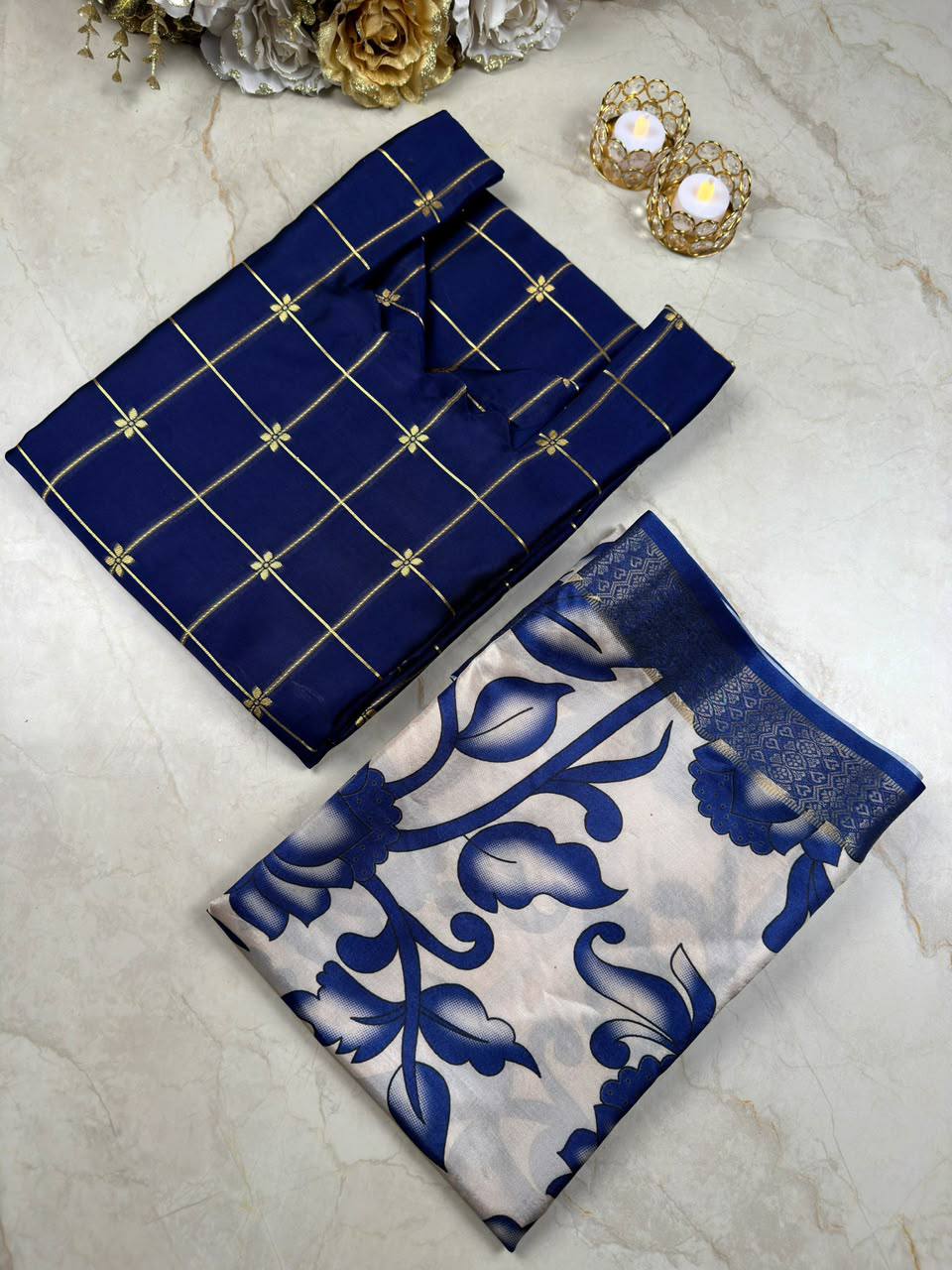 Silk Cotton Check Weaving Kurti with Scallop Neck & Chennuri Kalamkari Dupatta