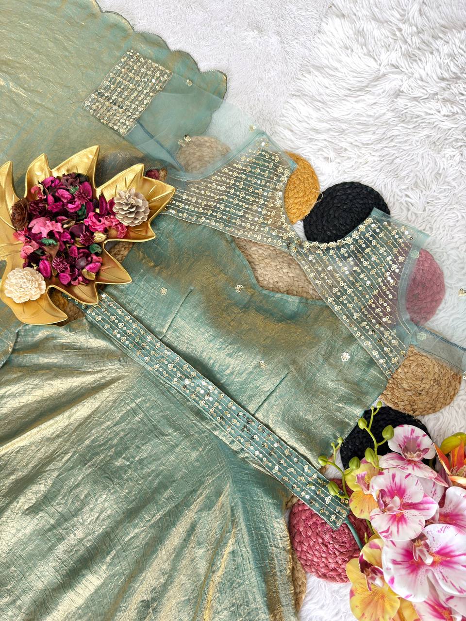 3 in 1 Outfit Doremon Crush Sequins Embroidery Gown Set with Net Koti Coat and Arco Dupatta