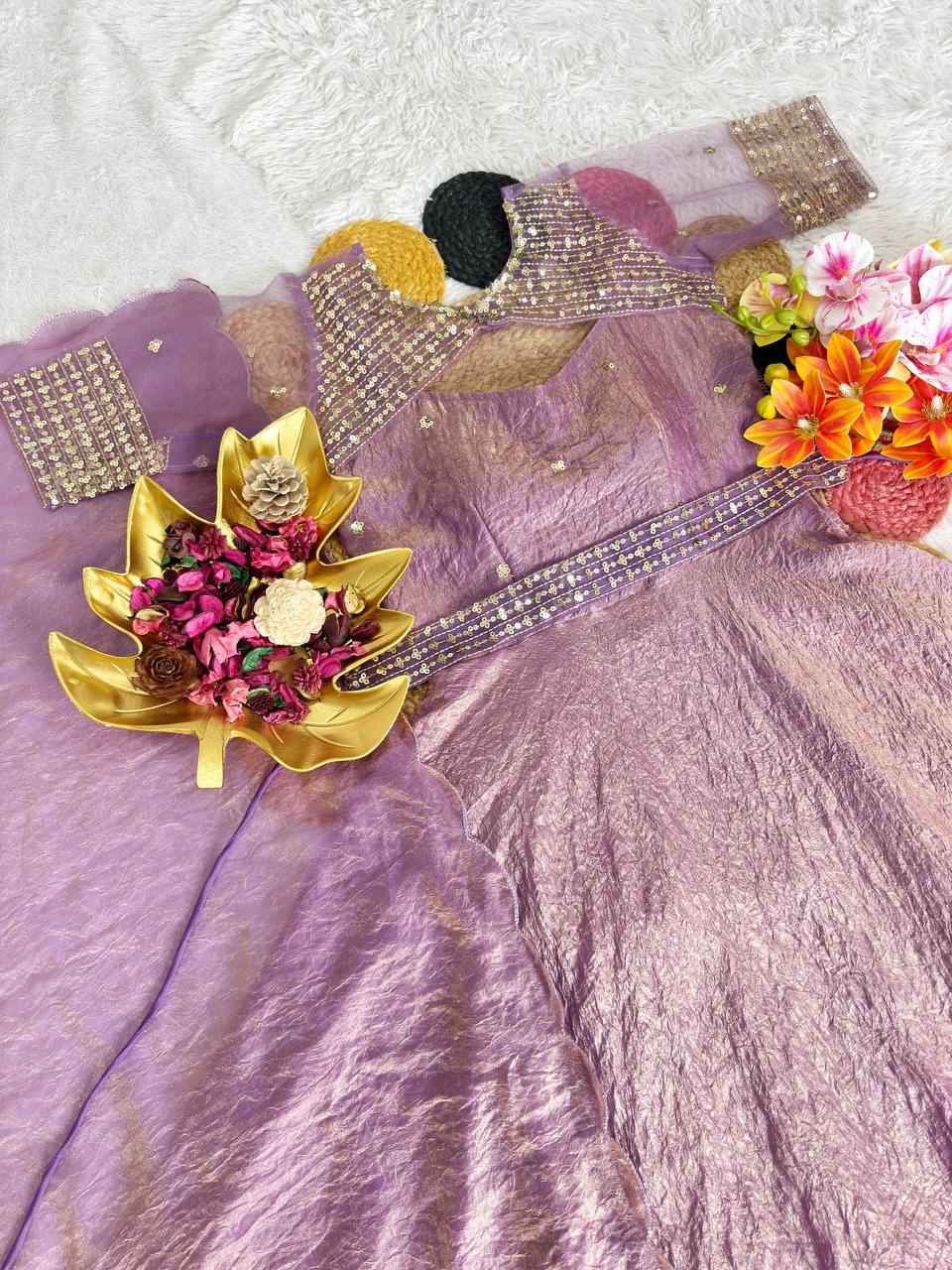 3 in 1 Outfit Doremon Crush Sequins Embroidery Gown Set with Net Koti Coat and Arco Dupatta