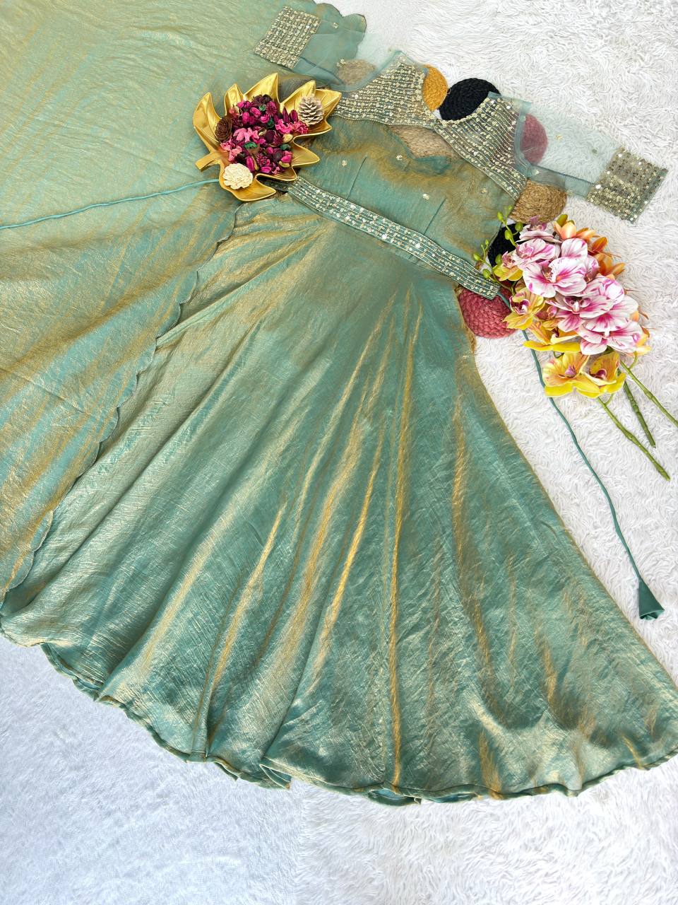 3 in 1 Outfit Doremon Crush Sequins Embroidery Gown Set with Net Koti Coat and Arco Dupatta