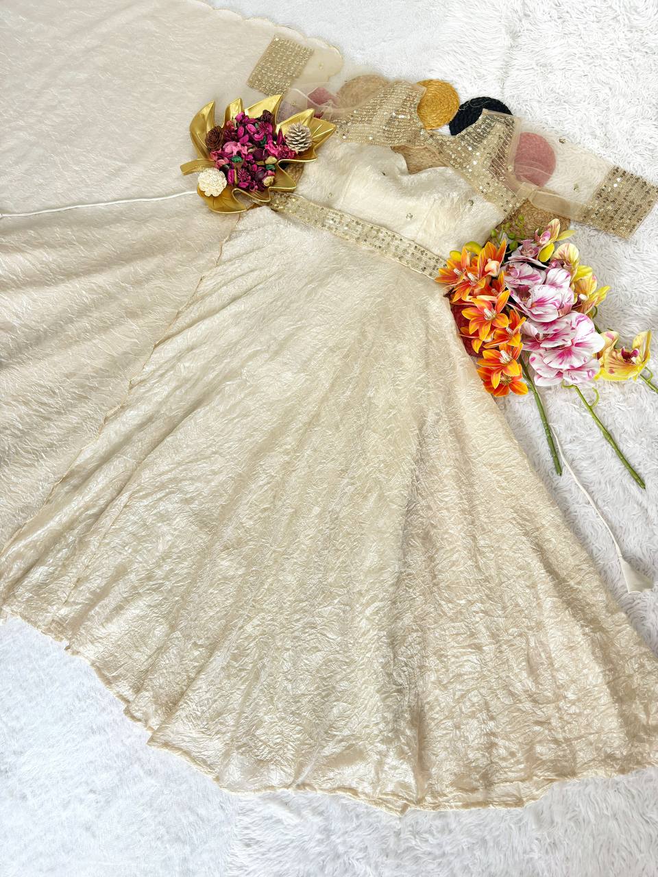 3 in 1 Outfit Doremon Crush Sequins Embroidery Gown Set with Net Koti Coat and Arco Dupatta