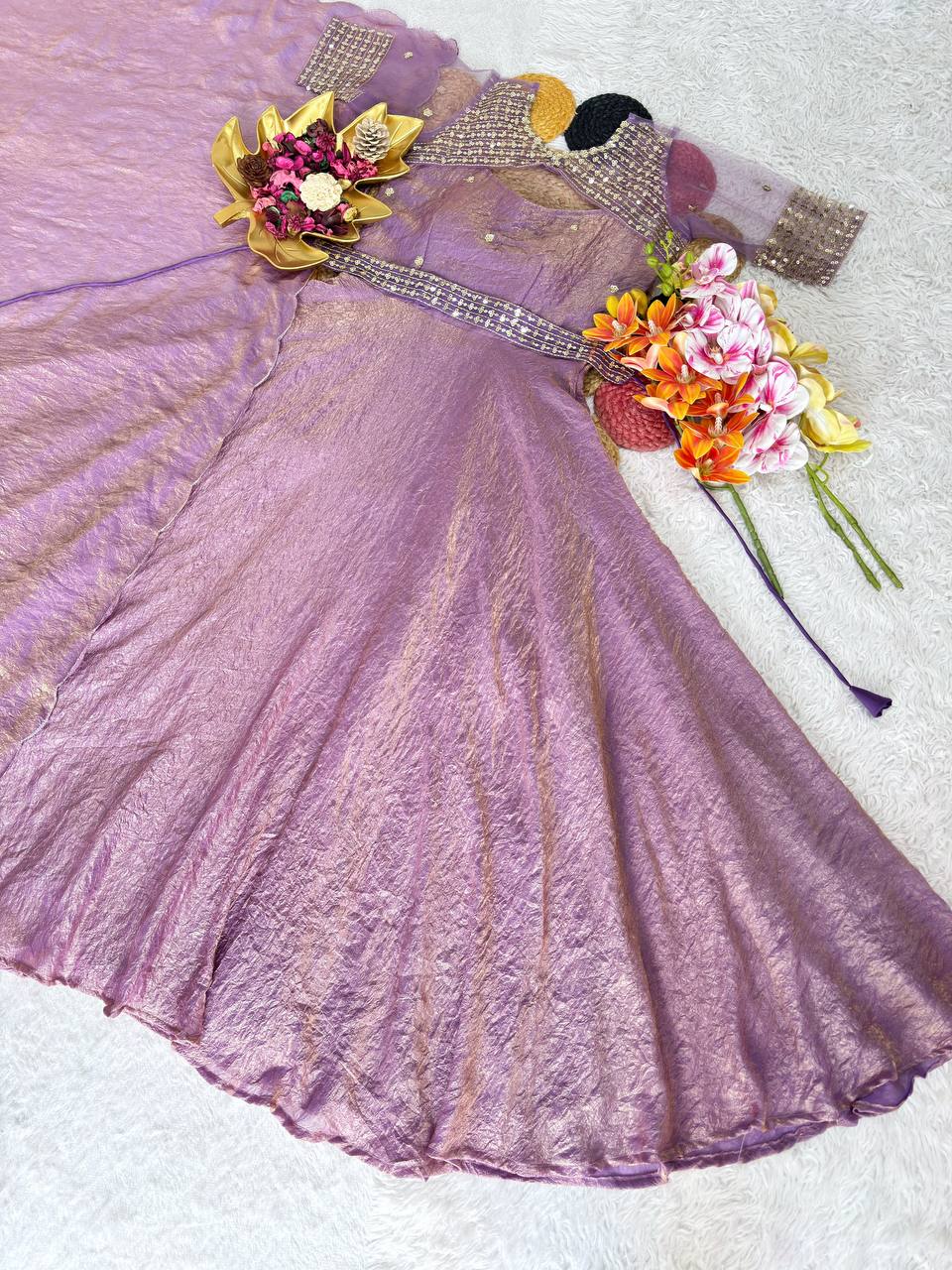 3 in 1 Outfit Doremon Crush Sequins Embroidery Gown Set with Net Koti Coat and Arco Dupatta