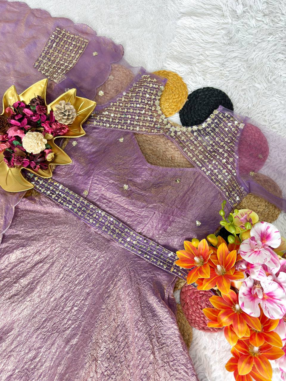3 in 1 Outfit Doremon Crush Sequins Embroidery Gown Set with Net Koti Coat and Arco Dupatta