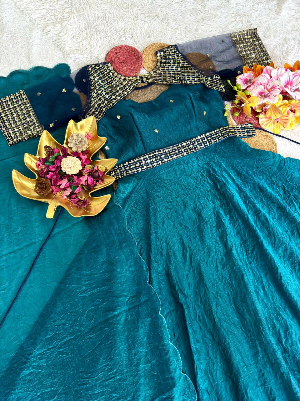 3 in 1 Outfit Doremon Crush Sequins Embroidery Gown Set with Net Koti Coat and Arco Dupatta