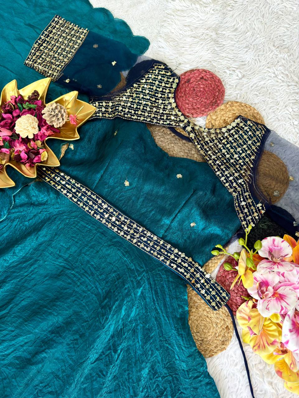 3 in 1 Outfit Doremon Crush Sequins Embroidery Gown Set with Net Koti Coat and Arco Dupatta
