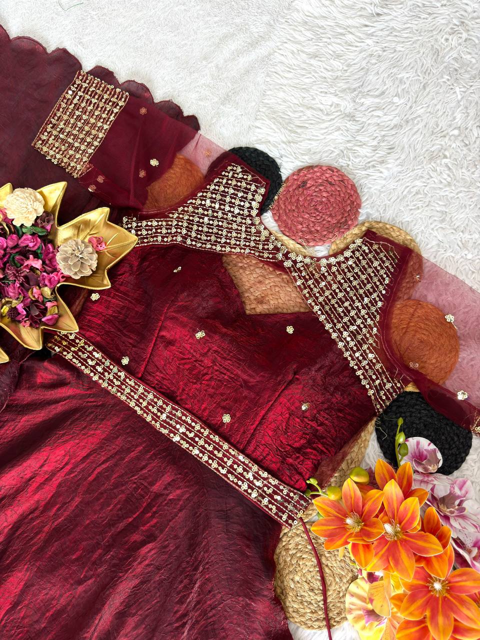 3 in 1 Outfit Doremon Crush Sequins Embroidery Gown Set with Net Koti Coat and Arco Dupatta
