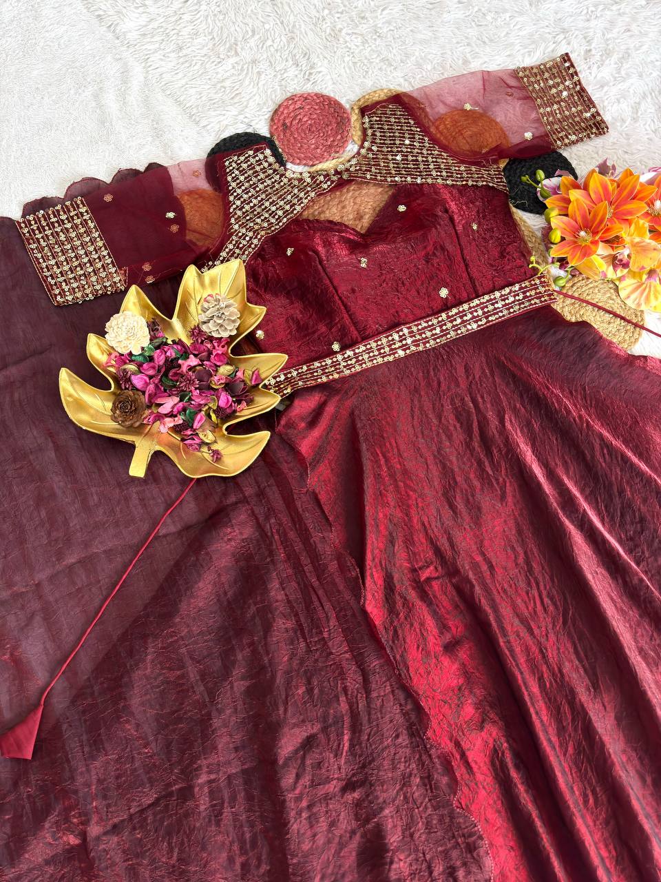 3 in 1 Outfit Doremon Crush Sequins Embroidery Gown Set with Net Koti Coat and Arco Dupatta