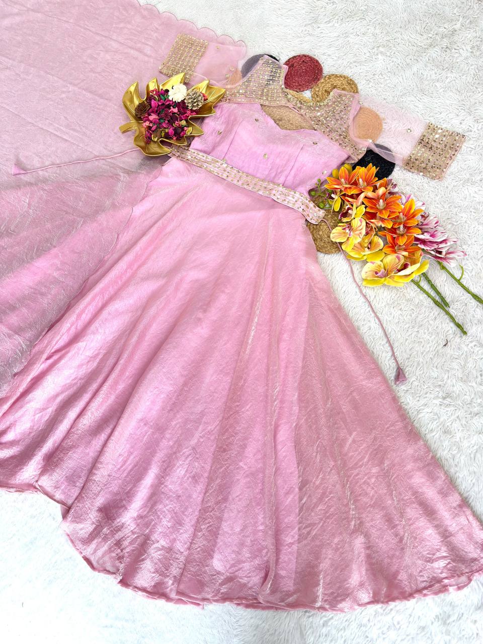 3 in 1 Outfit Doremon Crush Sequins Embroidery Gown Set with Net Koti Coat and Arco Dupatta