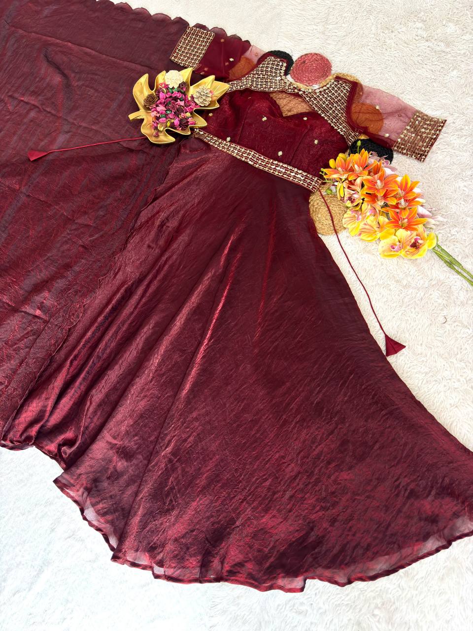 3 in 1 Outfit Doremon Crush Sequins Embroidery Gown Set with Net Koti Coat and Arco Dupatta