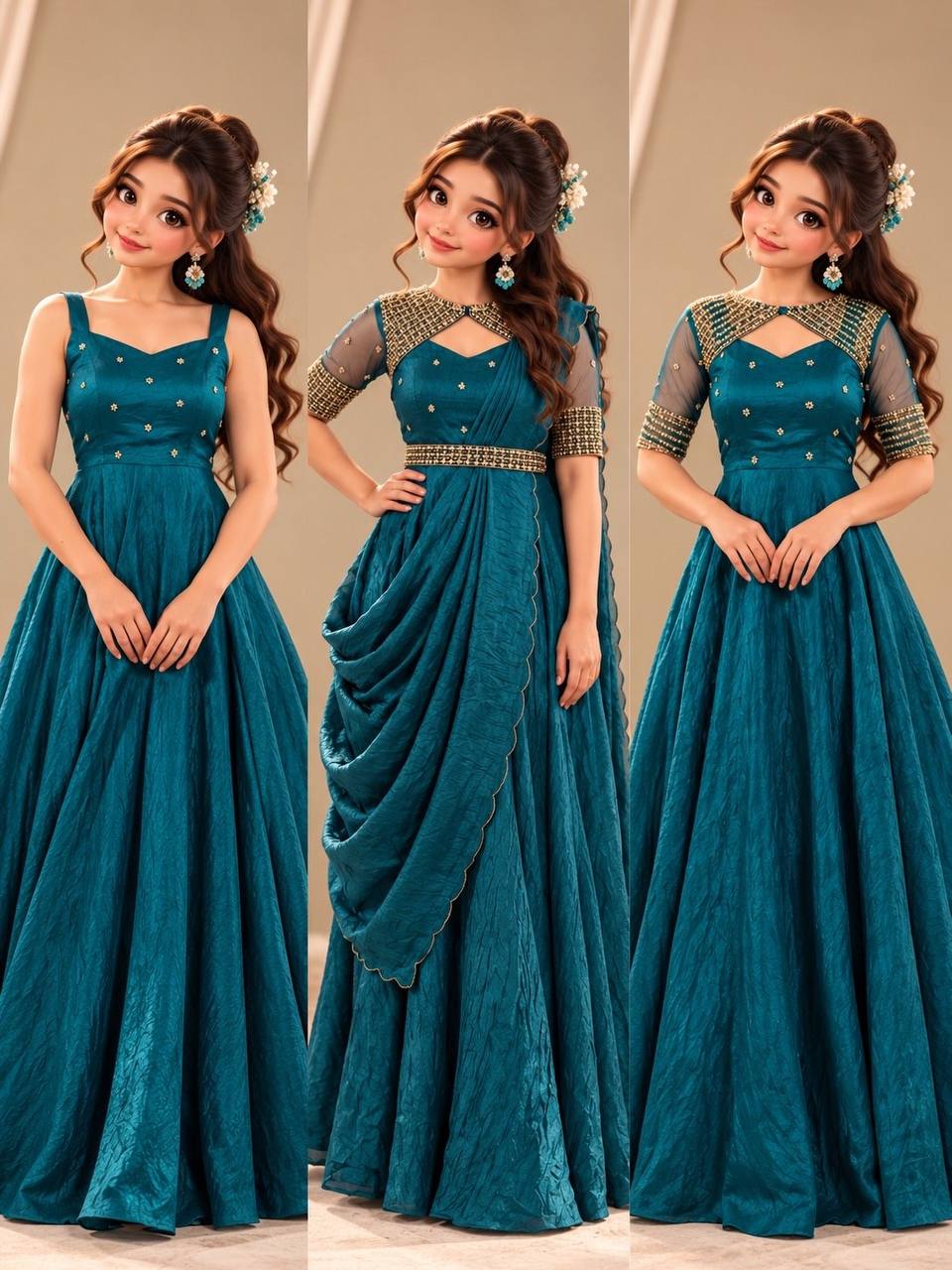 3 in 1 Outfit Doremon Crush Sequins Embroidery Gown Set with Net Koti Coat and Arco Dupatta