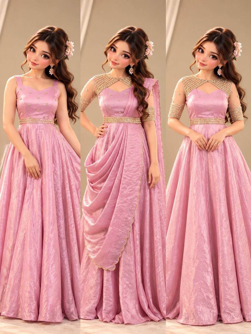 3 in 1 Outfit Doremon Crush Sequins Embroidery Gown Set with Net Koti Coat and Arco Dupatta