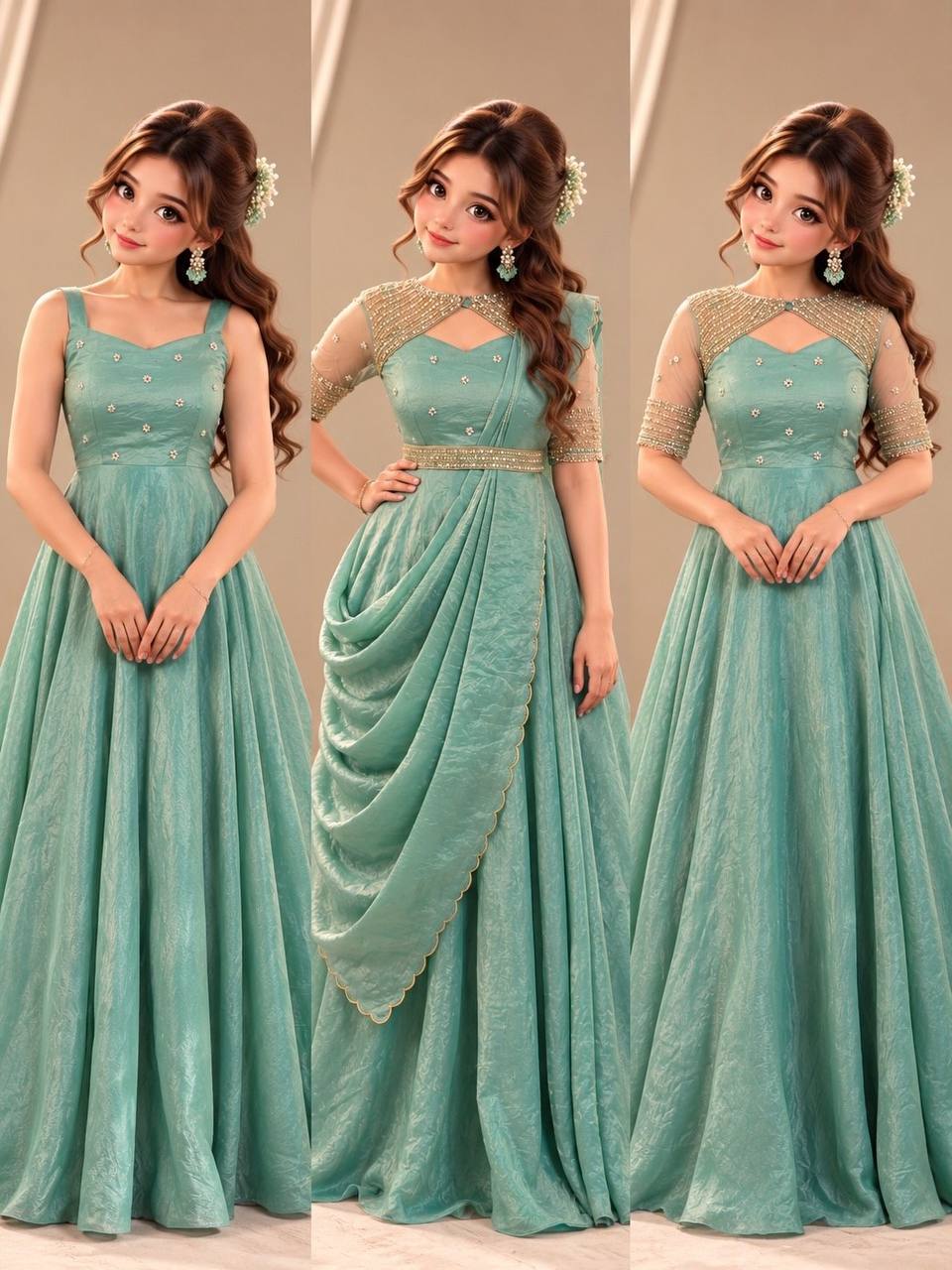 3 in 1 Outfit Doremon Crush Sequins Embroidery Gown Set with Net Koti Coat and Arco Dupatta
