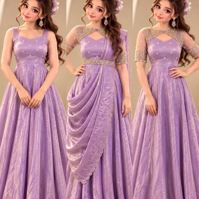 3 in 1 Outfit Doremon Crush Sequins Embroidery Gown Set with Net Koti Coat and Arco Dupatta