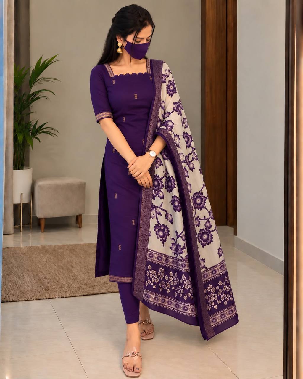 Mangalagiri Butta Silk Cotton Top Set with Chennuri Silk Kalamkari Dupatta