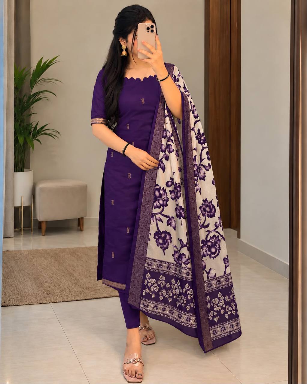 Mangalagiri Butta Silk Cotton Top Set with Chennuri Silk Kalamkari Dupatta