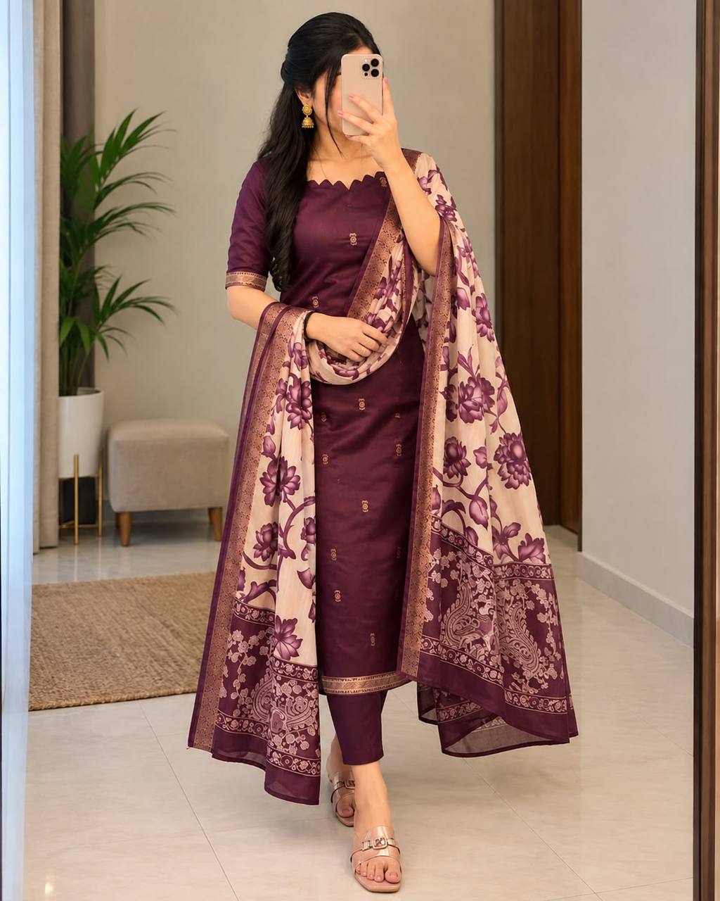 Mangalagiri Butta Silk Cotton Top Set with Chennuri Silk Kalamkari Dupatta