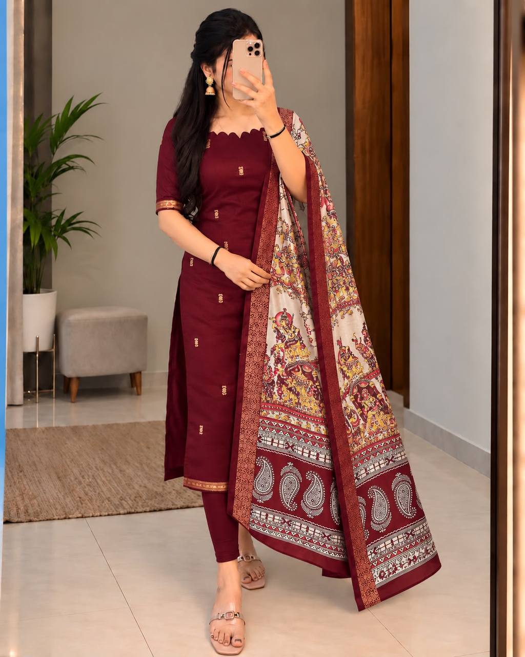 Mangalagiri Butta Silk Cotton Top Set with Chennuri Silk Kalamkari Dupatta