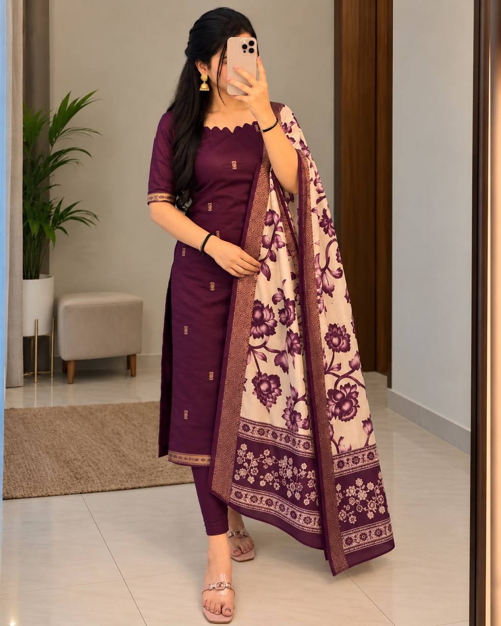 Mangalagiri Butta Silk Cotton Top Set with Chennuri Silk Kalamkari Dupatta