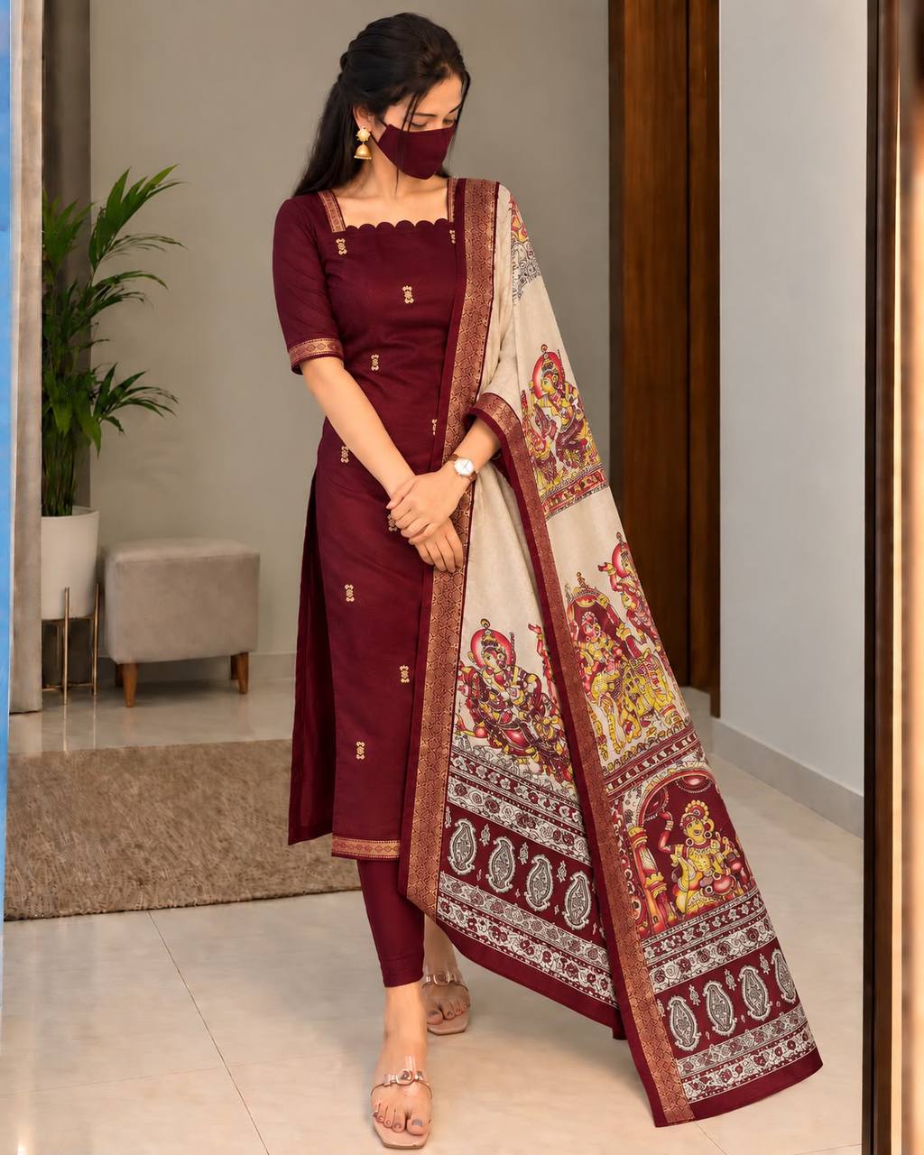 Mangalagiri Butta Silk Cotton Top Set with Chennuri Silk Kalamkari Dupatta