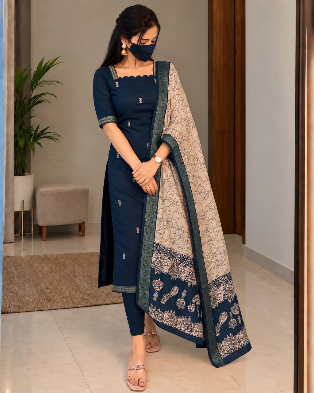Mangalagiri Butta Silk Cotton Top Set with Chennuri Silk Kalamkari Dupatta