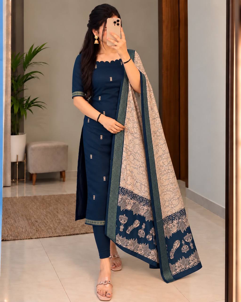 Mangalagiri Butta Silk Cotton Top Set with Chennuri Silk Kalamkari Dupatta