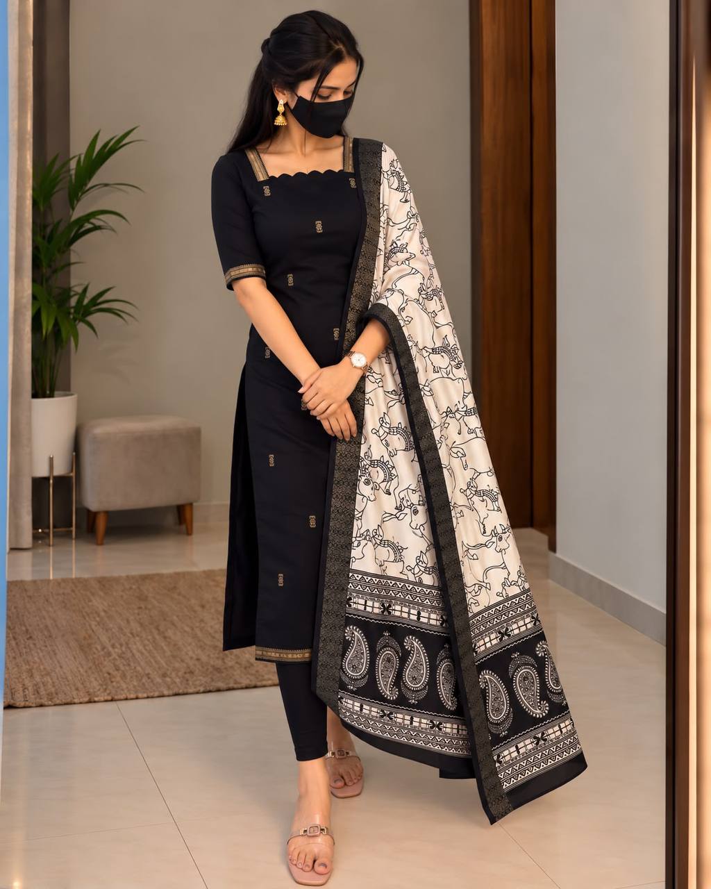 Mangalagiri Butta Silk Cotton Top Set with Chennuri Silk Kalamkari Dupatta