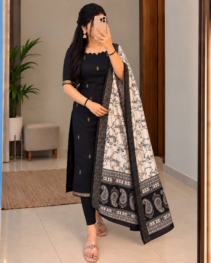 Mangalagiri Butta Silk Cotton Top Set with Chennuri Silk Kalamkari Dupatta