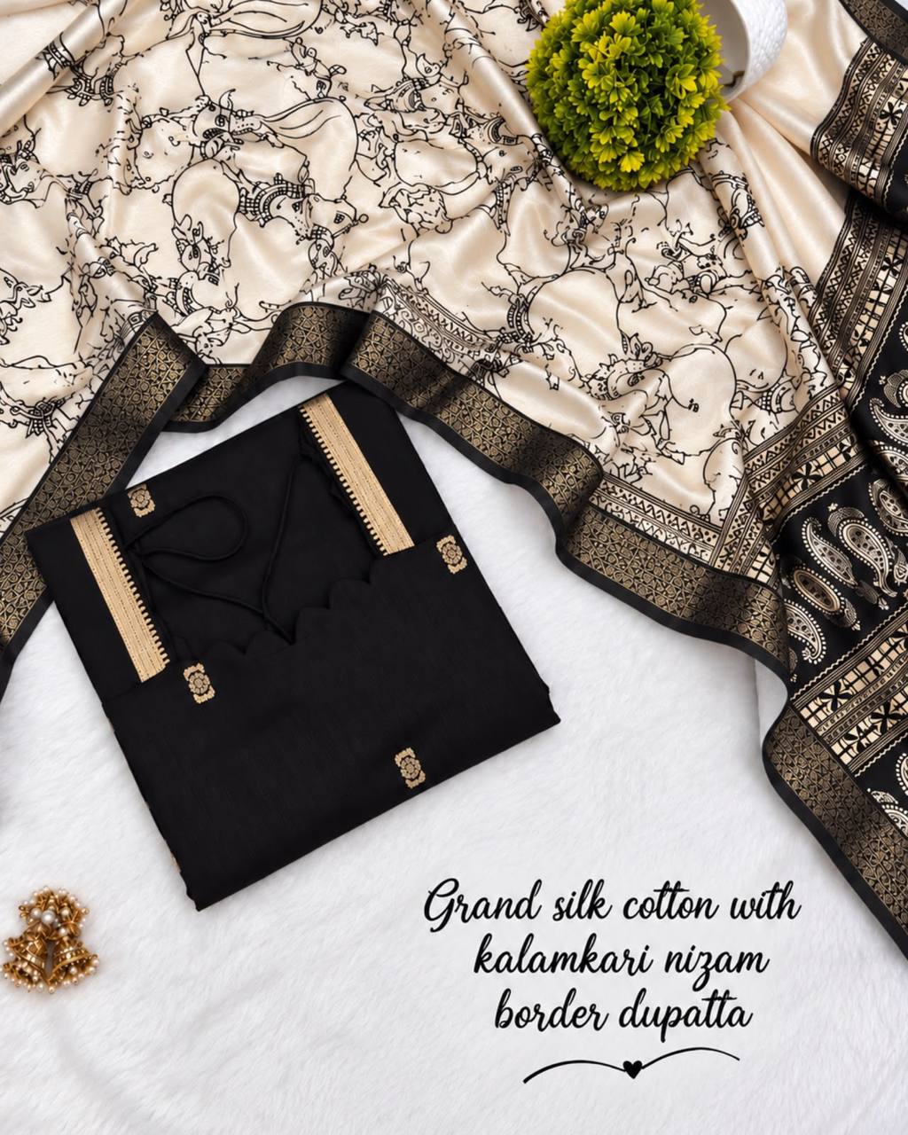 Mangalagiri Butta Silk Cotton Top Set with Chennuri Silk Kalamkari Dupatta