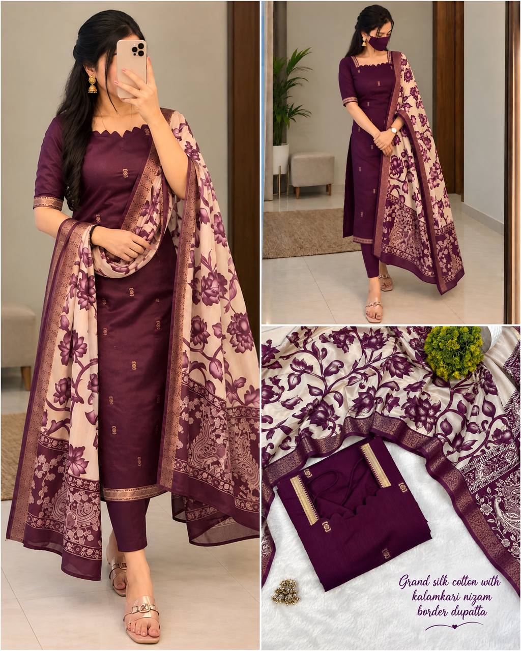 Mangalagiri Butta Silk Cotton Top Set with Chennuri Silk Kalamkari Dupatta