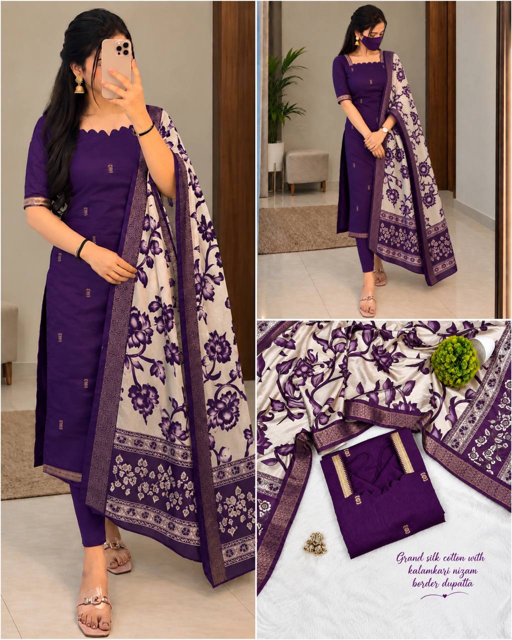 Mangalagiri Butta Silk Cotton Top Set with Chennuri Silk Kalamkari Dupatta