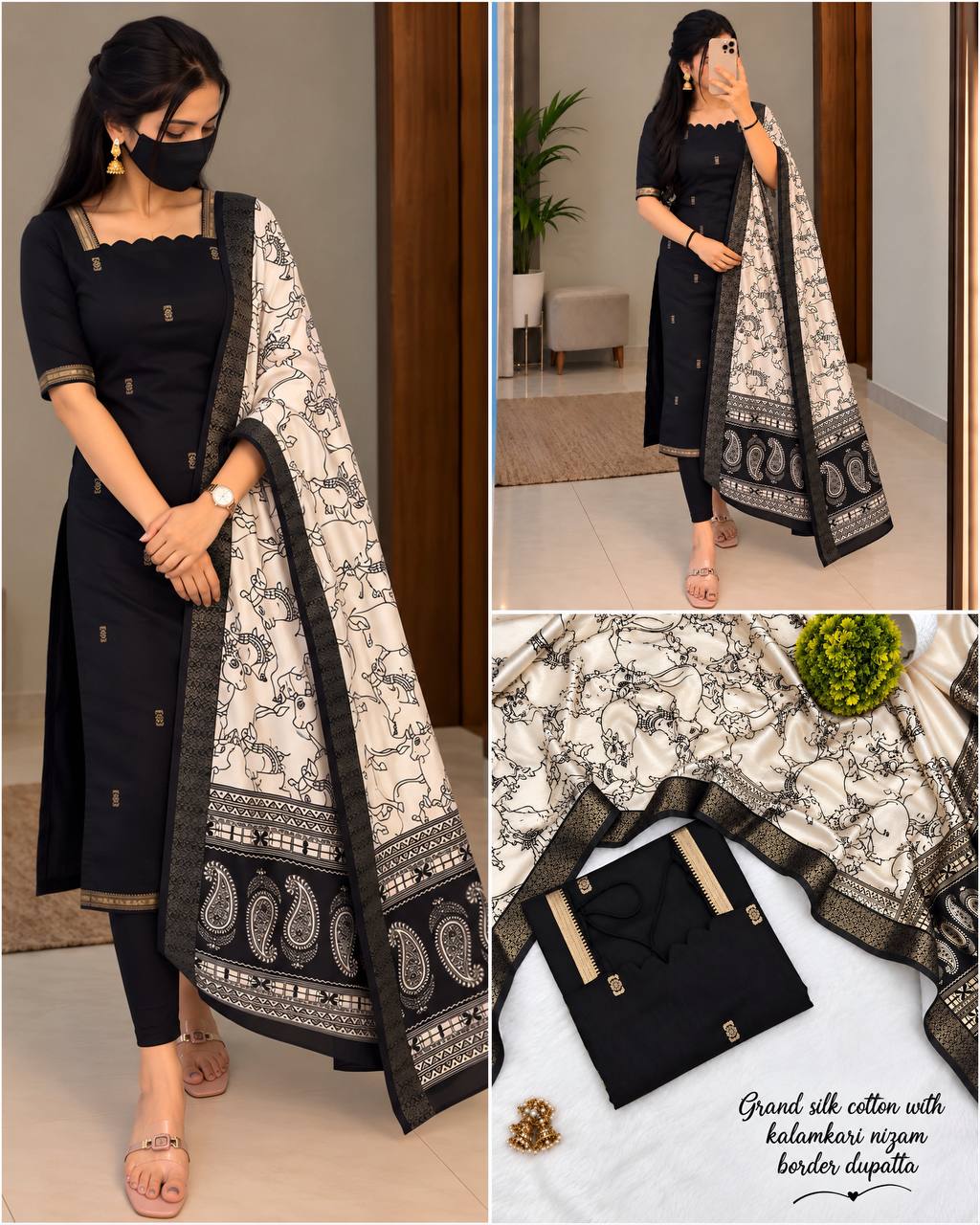 Mangalagiri Butta Silk Cotton Top Set with Chennuri Silk Kalamkari Dupatta