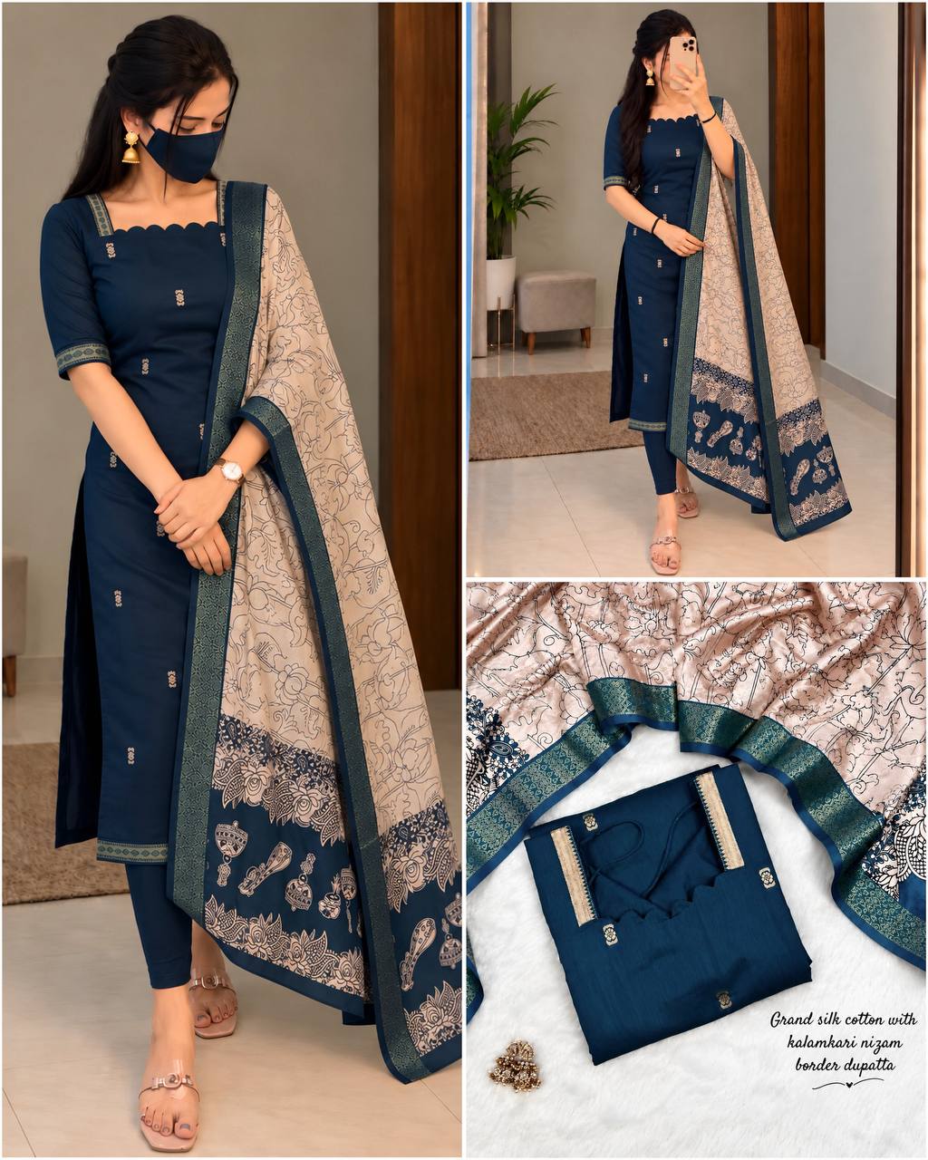 Mangalagiri Butta Silk Cotton Top Set with Chennuri Silk Kalamkari Dupatta